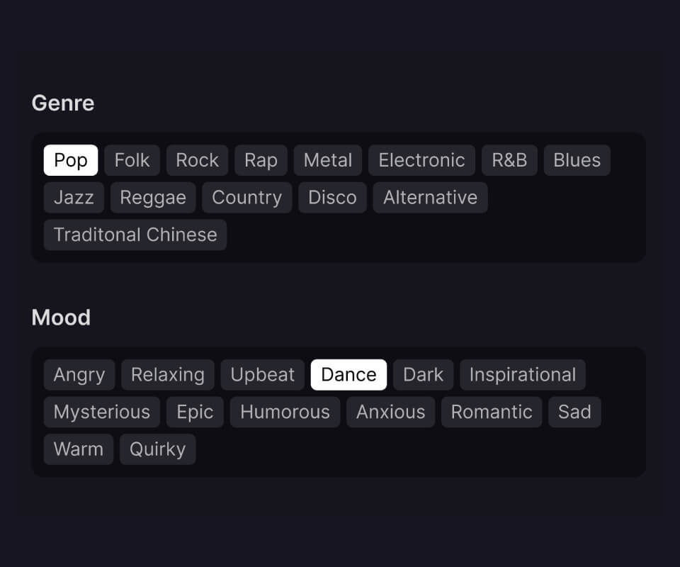 Select the genre and mood that best aligns with your creative vision. This step is optional but can help refine the final composition.